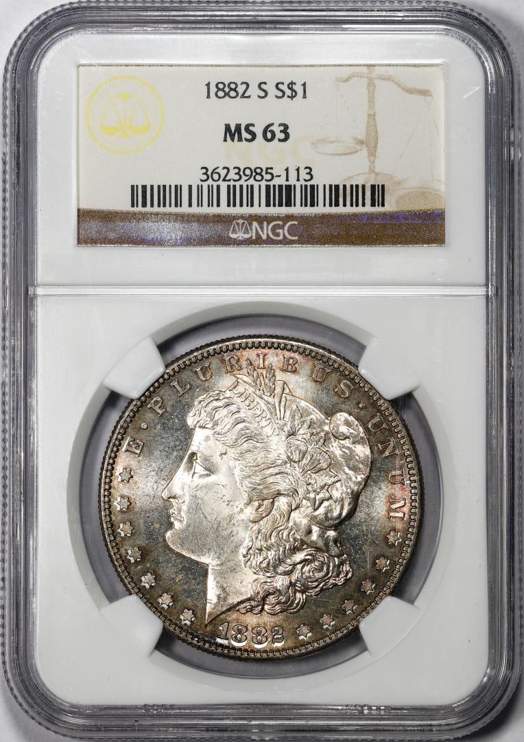 1882-S $1 Morgan Silver Dollar Coin NGC MS63: One 1882-S $1 Morgan Silver Dollar Coin NGC MS63. NGC Certified.