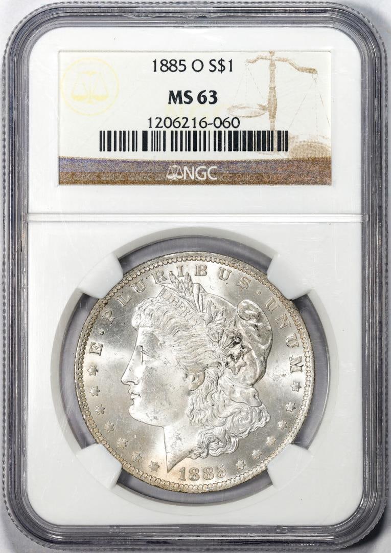 1885-O $1 Morgan Silver Dollar Coin NGC MS63: One 1885-O $1 Morgan Silver Dollar Coin NGC MS63.