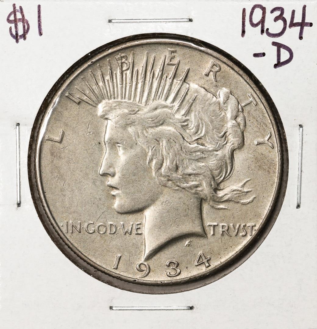 1934-D $1 Peace Silver Dollar Coin: One 1934-D $1 Peace Silver Dollar Coin.