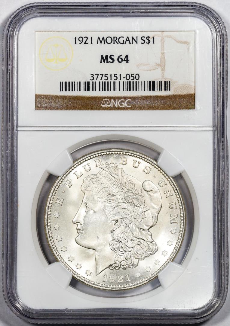 1921 $1 Morgan Silver Dollar Coin NGC MS64: One 1921 $1 Morgan Silver Dollar Coin NGC MS64. NGC Certified.
