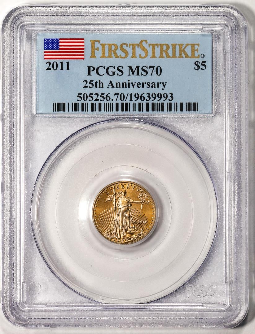 2011 $5 American Gold Eagle Coin PCGS MS70 First Strike 25th Anniversary: One 2011 $5 American Gold Eagle Coin PCGS MS70 First Strike 25th Anniversary. PCGS Graded.