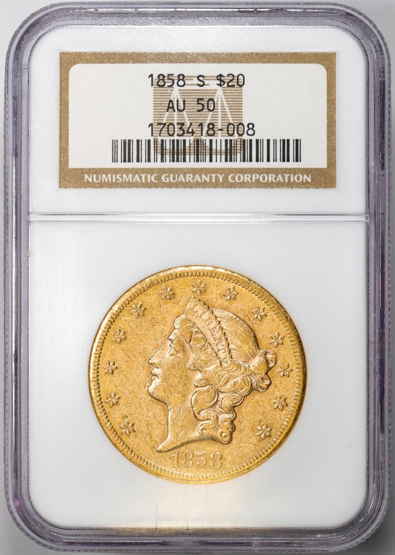 1858-S $20 Liberty Head Double Eagle Gold Coin NGC AU50: One 1858-S $20 Liberty Head Double Eagle Gold Coin NGC AU50. NGC Certified.