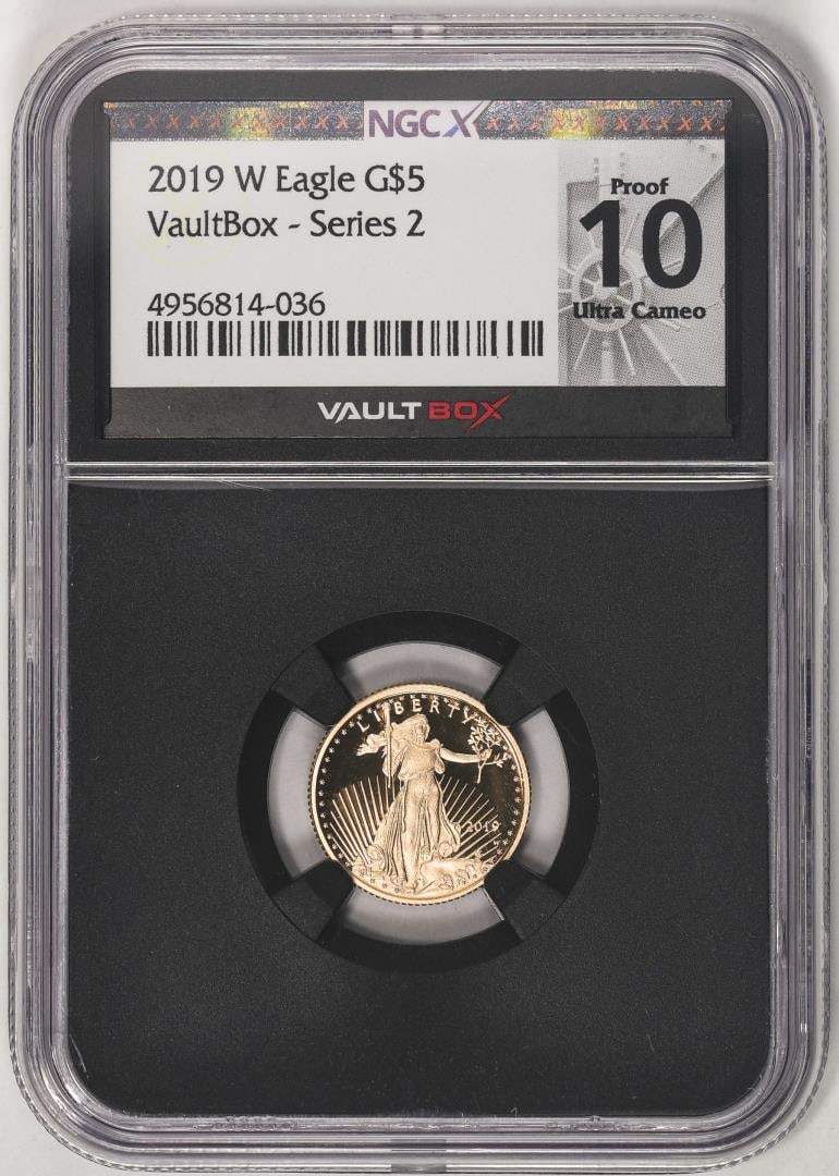 2019-W $5 Proof American Gold Eagle Coin NGCX Proof 10 Ultra Cameo Vaultbox Series 2: One 2019-W $5 Proof American Gold Eagle Coin NGCX Proof 10 Ultra Cameo Vaultbox Series 2. NGC Certified.