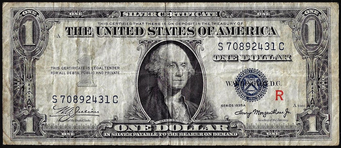 1935A $1 Experimental "R" Silver Certificate Note: One 1935A $1 Experimental "R" Silver Certificate Note.