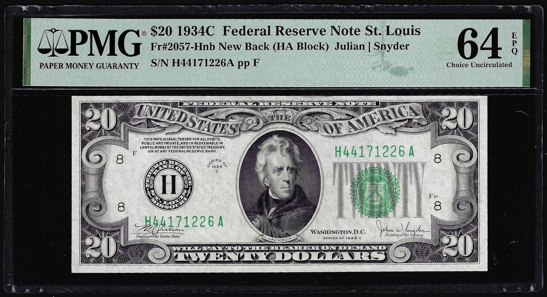 1934C $20 Federal Reserve Note St. Louis Fr.2057-Hnb PMG Choice Uncirculated 64EPQ: One 1934C $20 Federal Reserve Note St. Louis Fr.2057-Hnb PMG Choice Uncirculated 64EPQ. PMG Certified.