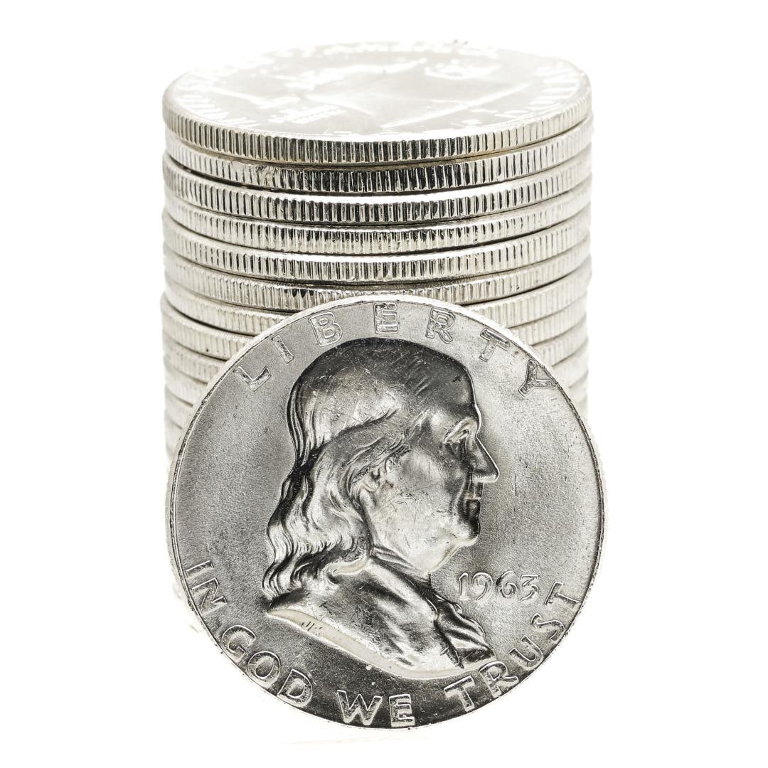 Roll of (20) Brilliant Uncirculated 1963 Franklin Half Dollar Coins: One Roll of (20) Brilliant Uncirculated 1963 Franklin Half Dollar Coins.
