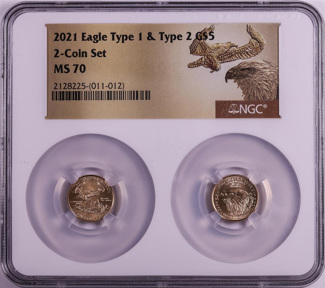 Set of 2021 Type 1 & Type 2 $5 American Gold Eagle Coins NGC MS70: One Set of 2021 Type 1 & Type 2 $5 American Gold Eagle Coins NGC MS70. NGC Certified.