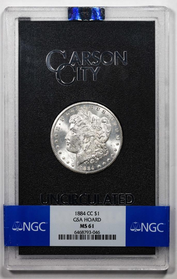 1884-CC $1 Morgan Silver Dollar Coin GSA Hoard Uncirculated NGC MS61: One 1884-CC $1 Morgan Silver Dollar Coin GSA Hoard Uncirculated NGC MS61. NGC Certified.