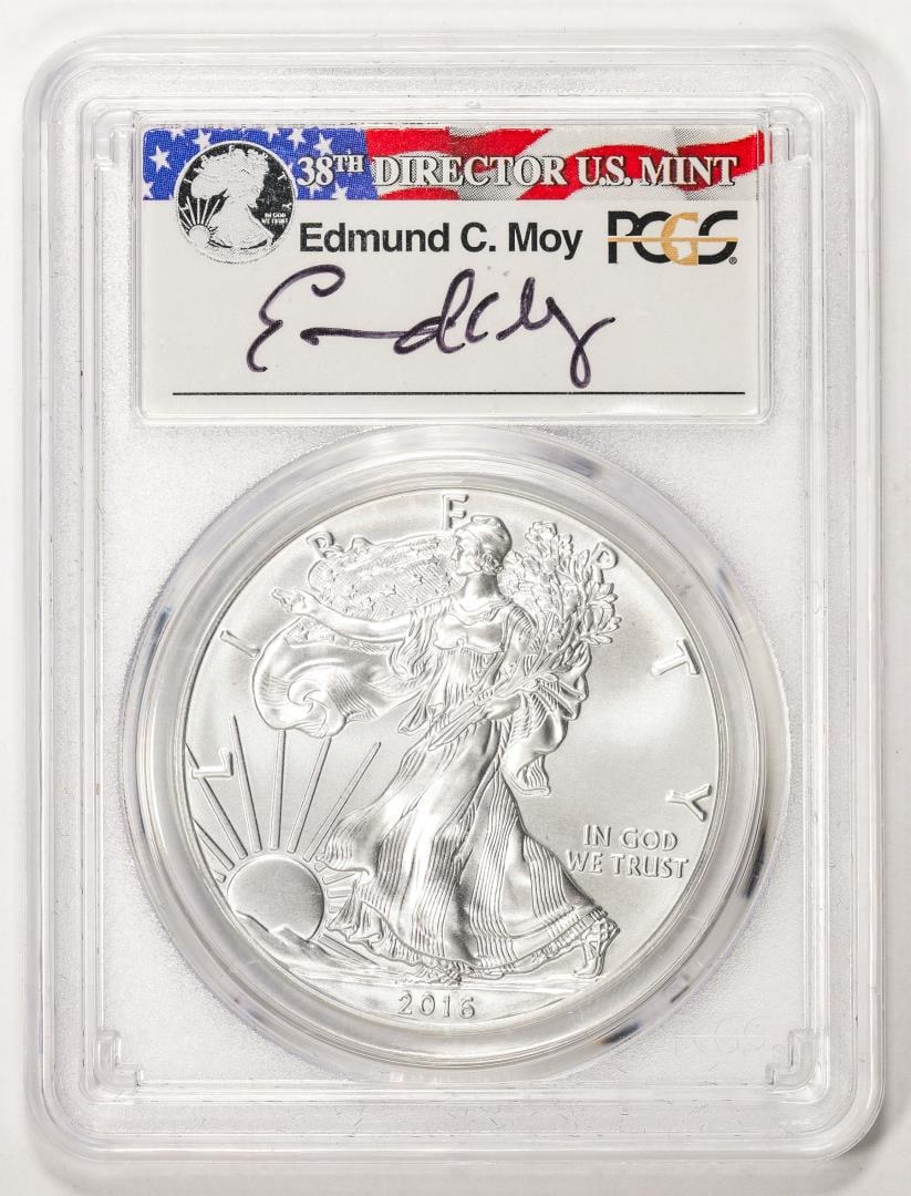 2016-W L.E. $1 Burnished American Silver Eagle Coin PCGS SP70 First Strike Moy Sig: One 2016-W L.E. $1 Burnished American Silver Eagle Coin PCGS SP70 First Strike Moy Sig. PCGS Graded.
