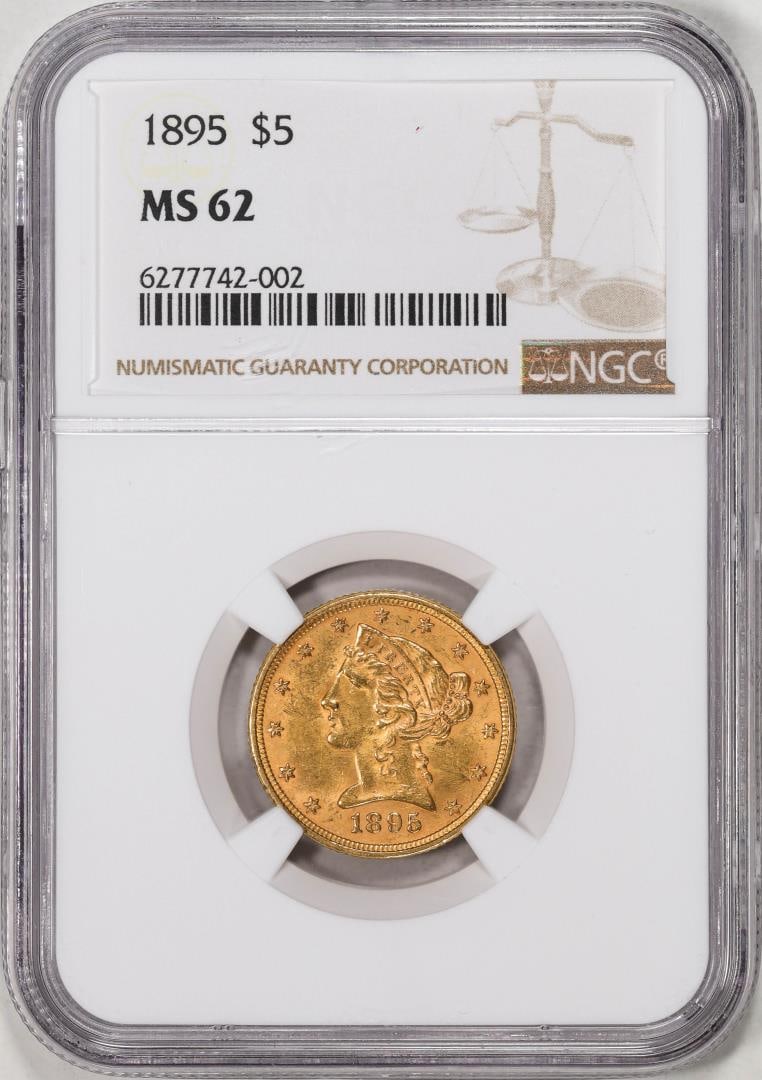1895 $5 Liberty Head Half Eagle Gold Coin NGC MS62: One 1895 $5 Liberty Head Half Eagle Gold Coin NGC MS62. NGC Certified.