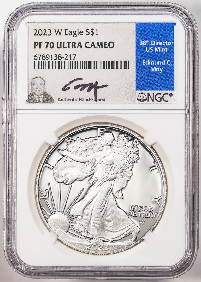 2023-W $1 Proof American Silver Eagle Coin NGC PF70 Ultra Cameo Edmund Moy Signature: One 2023-W $1 Proof American Silver Eagle Coin NGC PF70 Ultra Cameo Edmund Moy Signature. NGC Certified.