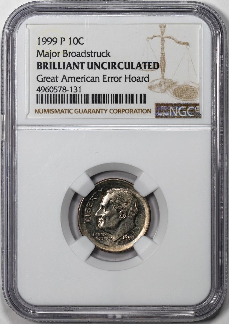1999-P Roosevelt Dime Coin Error Major Broadstruck NGC Brilliant Uncirculated: One 1999-P Roosevelt Dime Coin Error Major Broadstruck NGC Brilliant Uncirculated. NGC Certified.