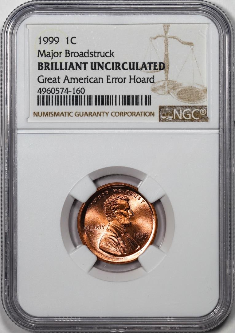 1999 Lincoln Memorial Cent Coin Error Major Braodstruck NGC Brilliant Uncirculated: One 1999 Lincoln Memorial Cent Coin Error Major Braodstruck NGC Brilliant Uncirculated. NGC Certified.