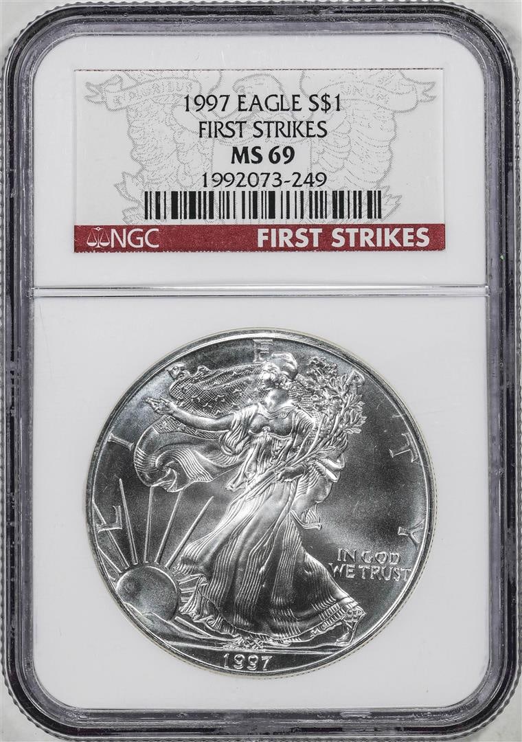 1997 $1 American Silver Eagle Coin NGC MS69 First Strikes: One 1997 $1 American Silver Eagle Coin NGC MS69 First Strikes. NGC Certified.