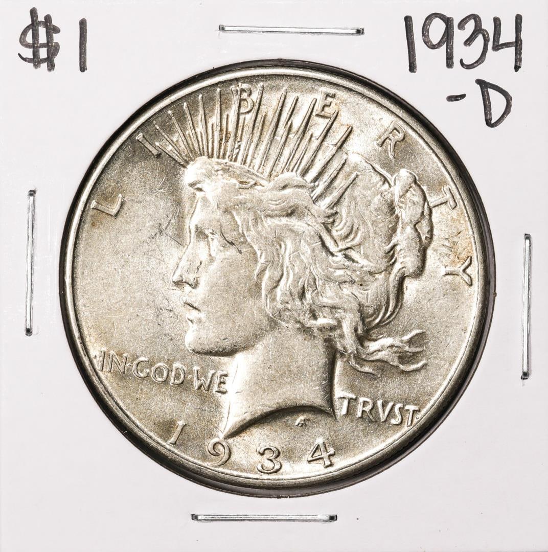 1934-D $1 Peace Silver Dollar Coin: One 1934-D $1 Peace Silver Dollar Coin.
