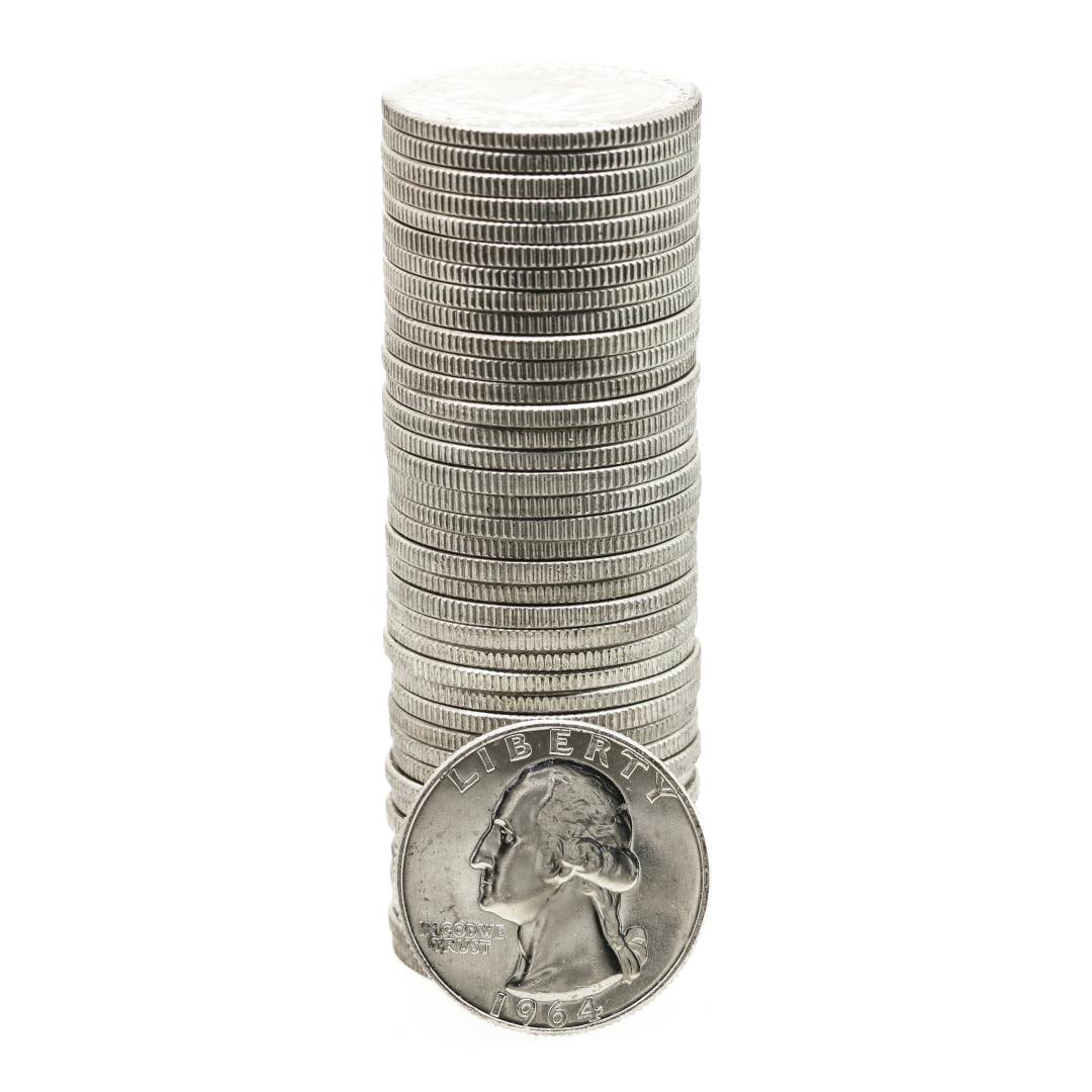 Roll of (40) Brilliant Uncirculated 1964-D Washington Quarter Coins: One Roll of (40) Brilliant Uncirculated 1964-D Washington Quarter Coins.