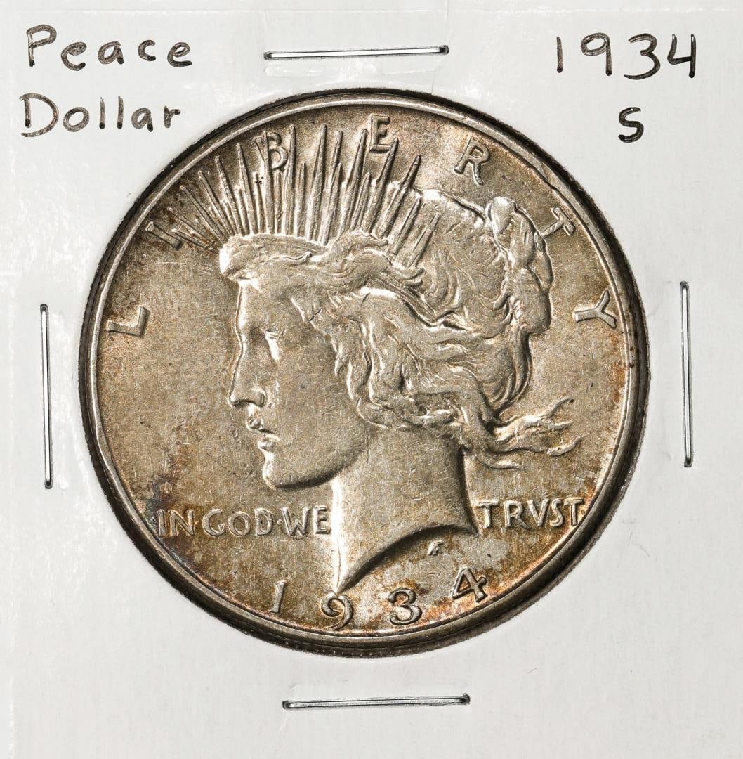 1934-S $1 Peace Silver Dollar Coin: One 1934-S $1 Peace Silver Dollar Coin.