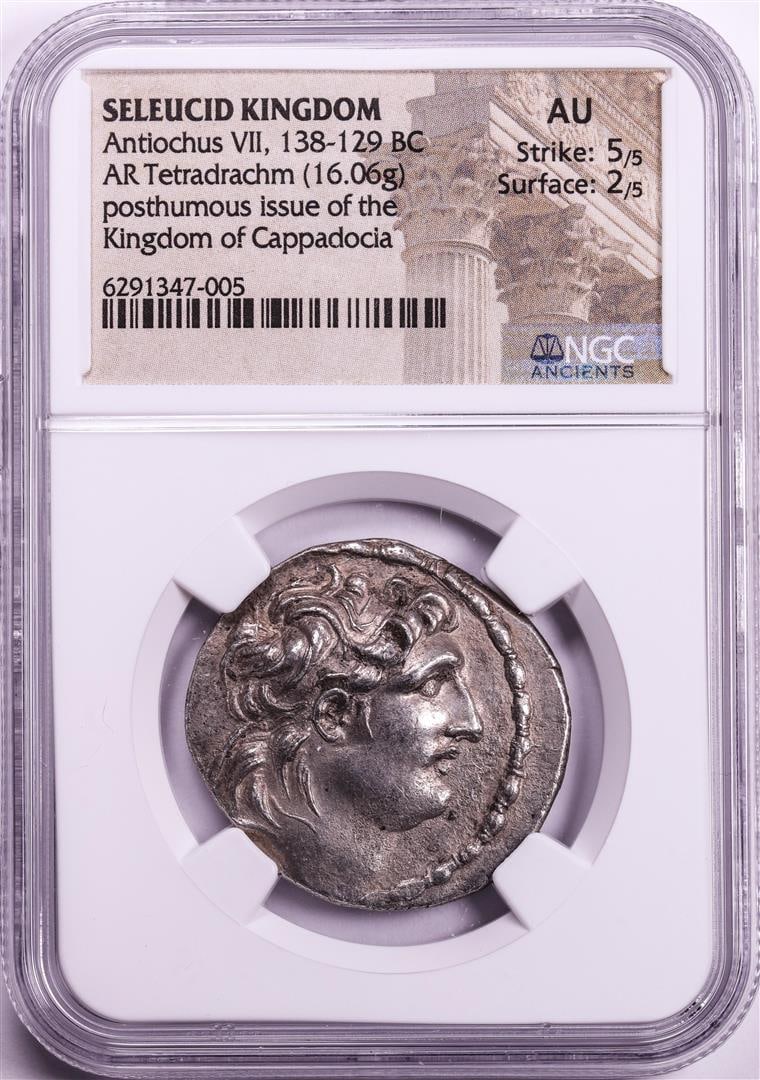 Ancient Seleucid Kingdom 138-129 BC Antiochus VII Tetradrachm Cappadocia Coin NGC AU: One Ancient Seleucid Kingdom 138-129 BC Antiochus VII Tetradrachm Cappadocia Coin NGC AU. NGC Certified.
