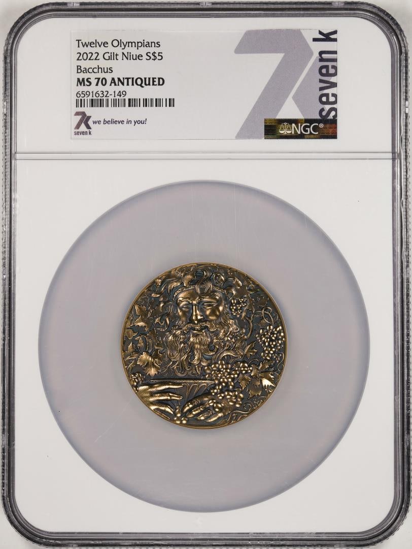 2022 Niue $5 Twelve Olympians Bacchus Silver Gilt Coin NGC MS70 Antiqued: One 2022 Niue $5 Twelve Olympians Bacchus Silver Gilt Coin NGC MS70 Antiqued. NGC Certified.