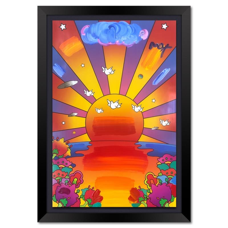 Peter Max Sunrise 2000 Original Mixed Media on Paper: "Sunrise 2000" is a one-of-a-kind acrylic mixed media on paper, hand signed by Peter Max. On the reverse side of this piece there is a registration number from Peter Max Studios certifying authenticit