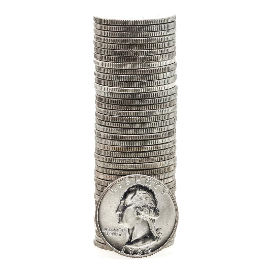 Roll of (40) Brilliant Uncirculated 1964 Washington Quarter Coins: One Roll of (40) Brilliant Uncirculated 1964 Washington Quarter Coins.