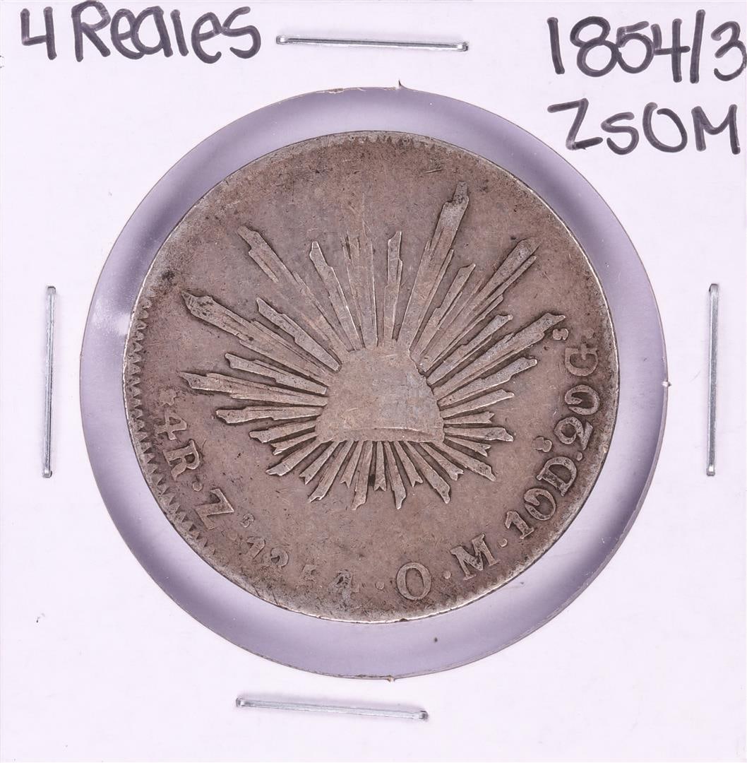 1854/3 ZsOM Mexico 4 Reales Silver Coin: One 1854/3 ZsOM Mexico 4 Reales Silver Coin.