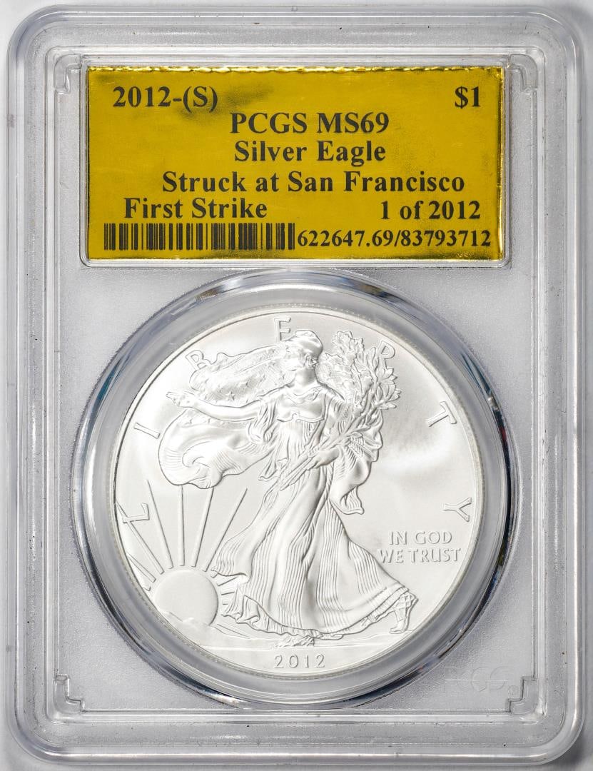 2012-(S) $1 American Silver Eagle Coin PCGS MS69 San Francisco First Strike 1 of 2012: One 2012-(S) $1 American Silver Eagle Coin PCGS MS69 San Francisco First Strike 1 of 2012. PCGS Graded.