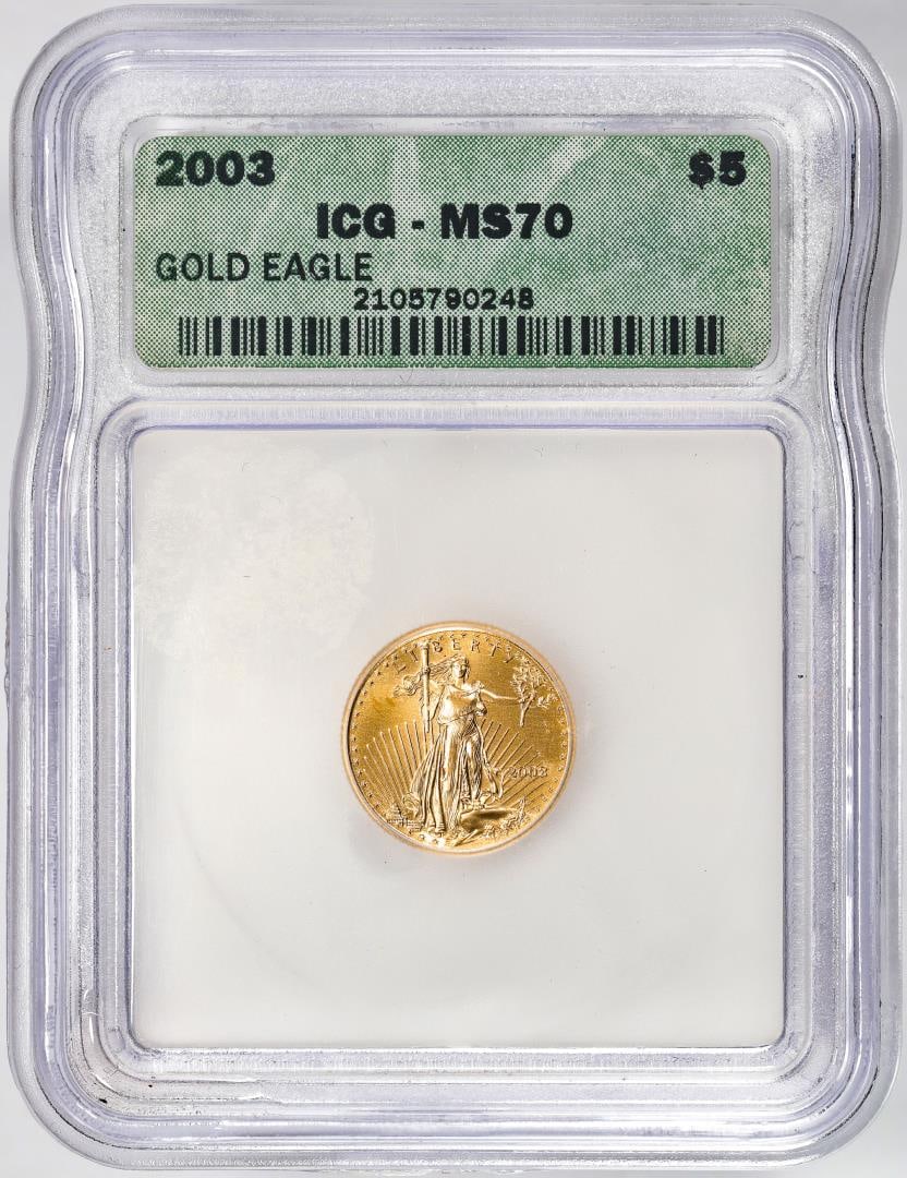 2003 $5 American Gold Eagle Coin ICG MS70: One 2003 $5 American Gold Eagle Coin ICG MS70. ICG Certified.