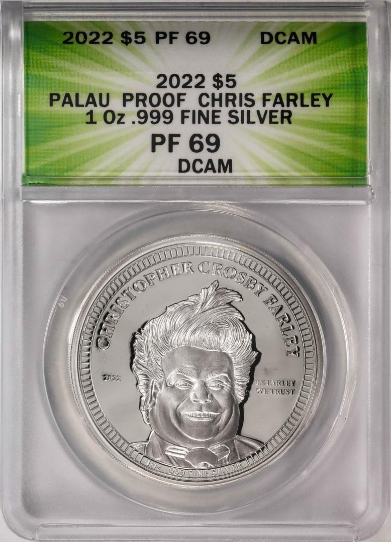 2022 $5 Palau Proof Chris Farley Silver Coin ANACS PF69DCAM: One 2022 $5 Palau Proof Chris Farley Silver Coin ANACS PF69DCAM. ANACS Certified.