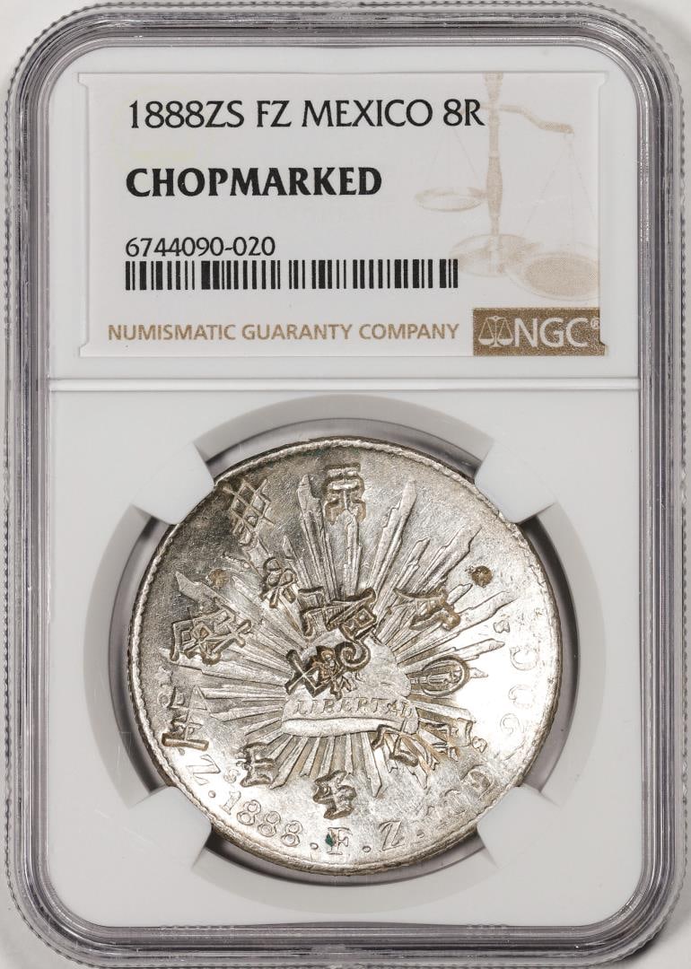 1888ZS FZ Mexico 8 Reales Silver Coin NGC Chopmarked: One 1888ZS FZ Mexico 8 Reales Silver Coin NGC Chopmarked. NGC Certified.