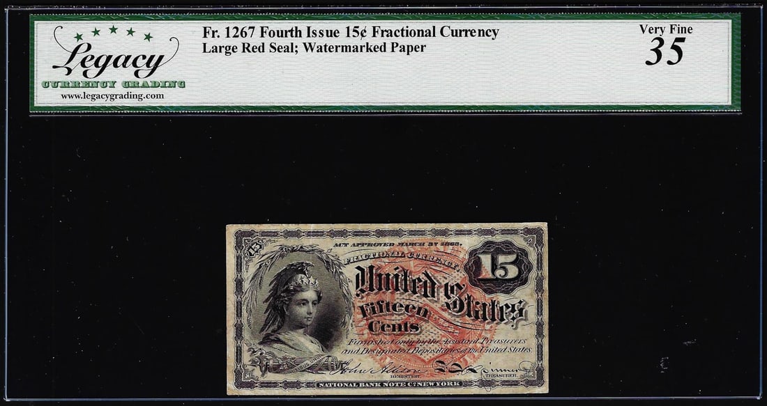 1863 Fourth Issue 15 Cents Fractional Currency Note Fr.1267 Legacy Very Fine 35: One 1863 Fourth Issue 15 Cents Fractional Currency Note Fr.1267 Legacy Very Fine 35. Legacy Graded.