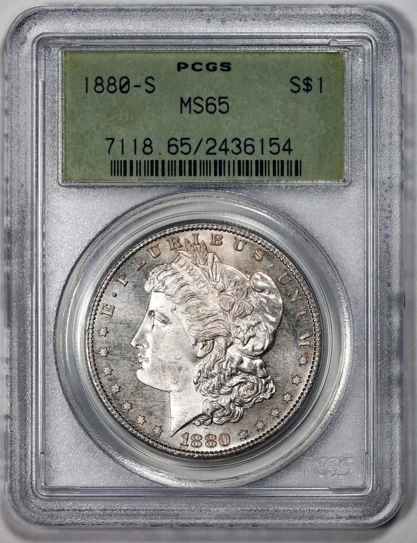 1880-S $1 Morgan Silver Dollar Coin PCGS MS65 Old Green Holder: One 1880-S $1 Morgan Silver Dollar Coin PCGS MS65 Old Green Holder. PCGS Graded.