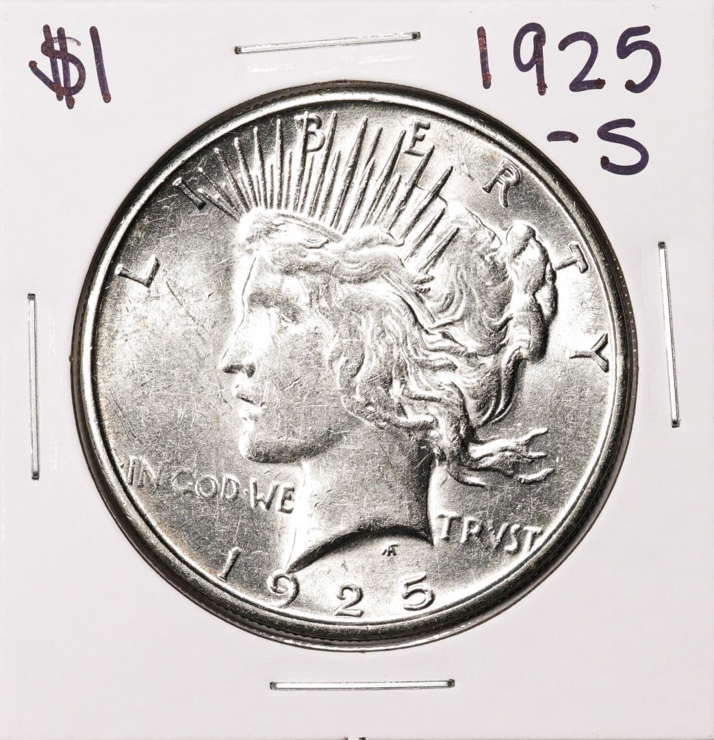 1925-S $1 Peace Silver Dollar Coin: One 1925-S $1 Peace Silver Dollar Coin.