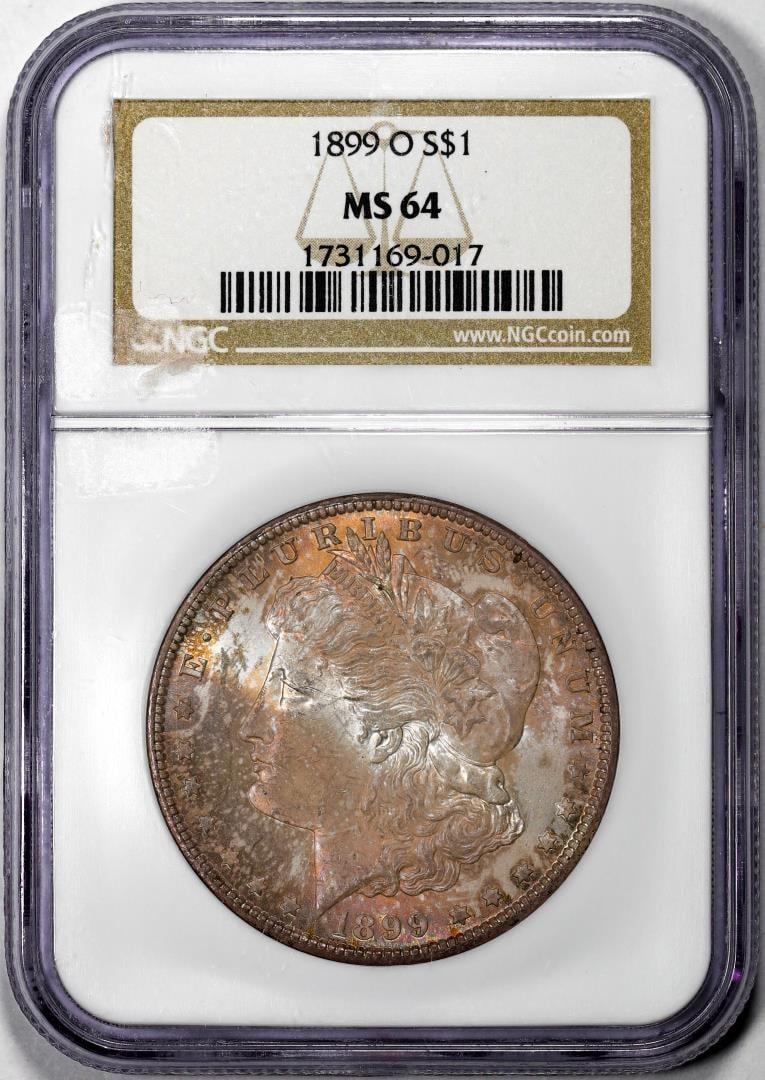 1899-O $1 Morgan Silver Dollar Coin NGC MS64 Amazing Toning: One 1899-O $1 Morgan Silver Dollar Coin NGC MS64 Amazing Toning. NGC Certified.