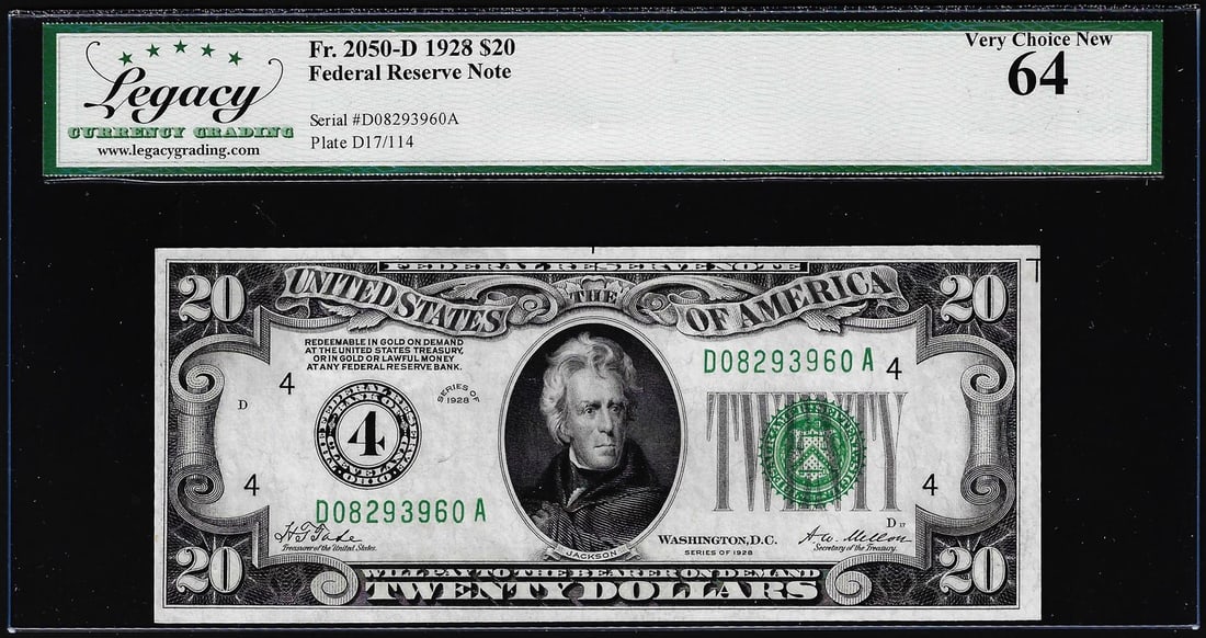 1928 $20 Federal Reserve Note Cleveland Fr.2050-D Legacy Very Choice New 64: One 1928 $20 Federal Reserve Note Cleveland Fr.2050-D Legacy Very Choice New 64. Legacy Graded.