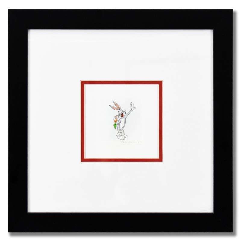 Looney Tunes "Bugs Bunny" Limited Edition Etching On Paper: "Bugs Bunny" is a limited edition etching on paper with hand-tinted coloring from Warner Bros, numbered and dated 1999. This piece comes framed. Measures approximately 14" x 14" (with frame), 2.5" x 2