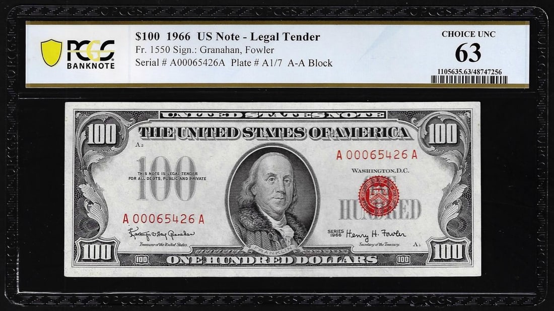 1966 $100 Legal Tender Note Fr.1601 PCGS Choice Uncirculated 63: One 1966 $100 Legal Tender Note Fr.1601 PCGS Choice Uncirculated 63. PCGS Graded.