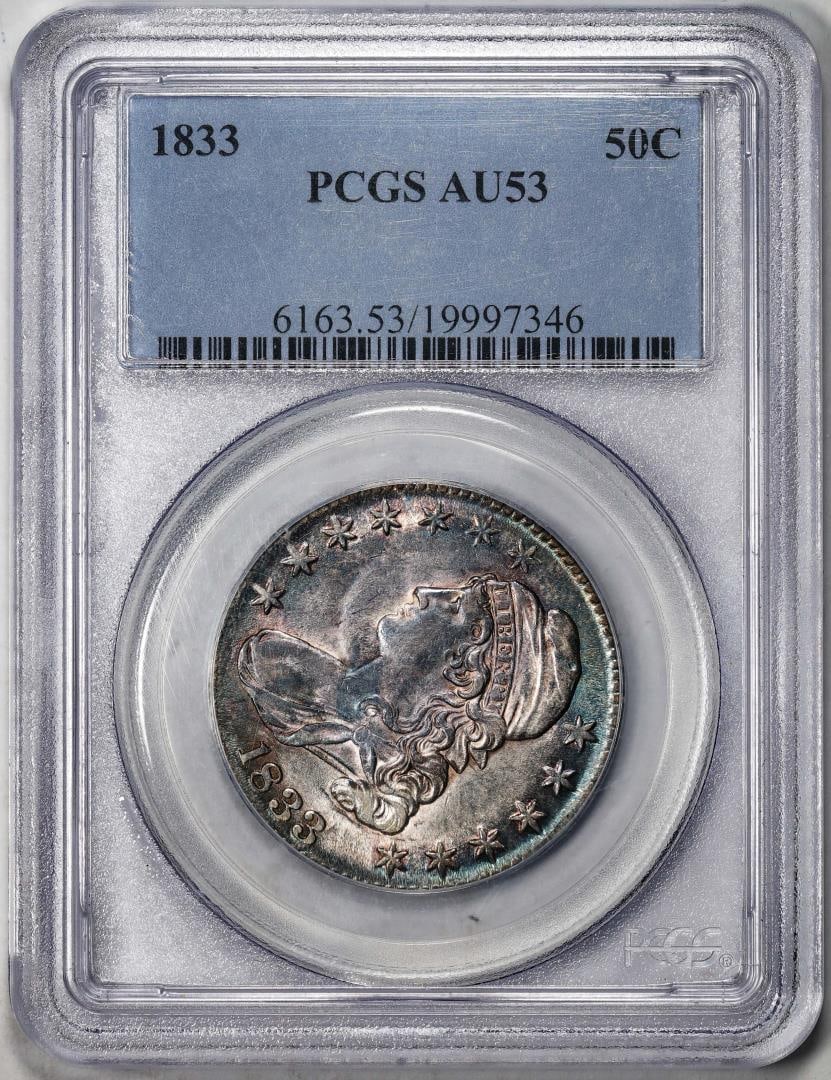 1833 Capped Bust Half Dollar Coin PCGS AU53 Amazing Toning: One 1833 Capped Bust Half Dollar Coin PCGS AU53 Amazing Toning. PCGS Graded.