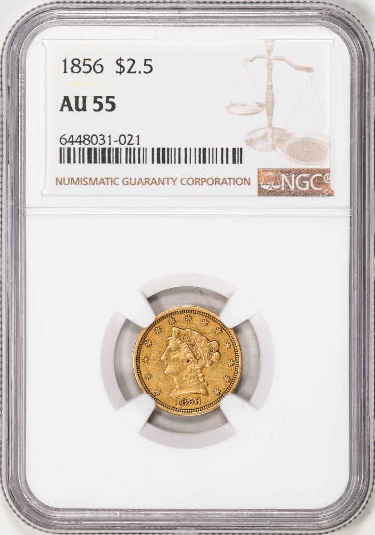 1856 $2 1/2 Liberty Head Quarter Eagle Gold Coin NGC AU55: One 1856 $2 1/2 Liberty Head Quarter Eagle Gold Coin NGC AU55. NGC Certified.