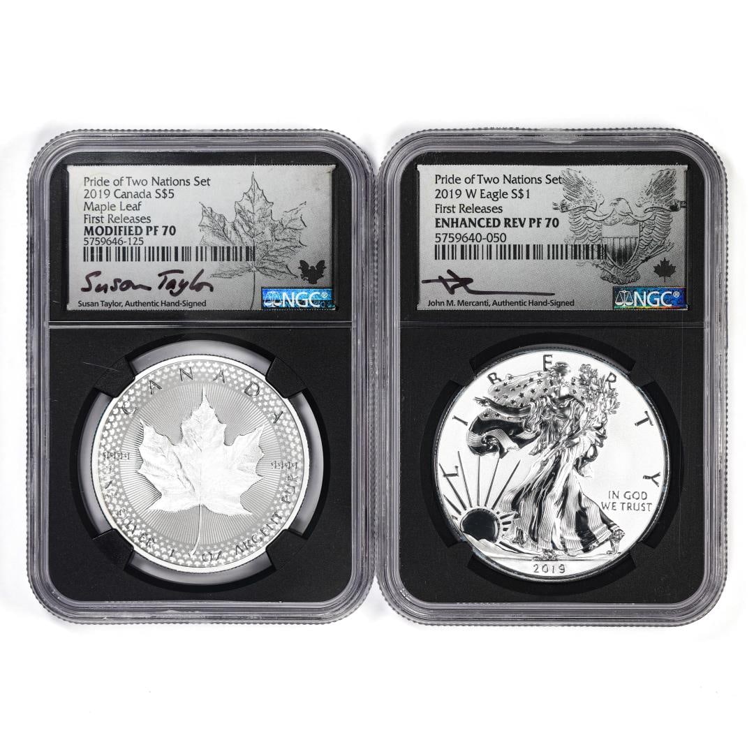 2019 Pride of Two Nations (2) Coin Proof Silver Eagle & Maple Leaf Set NGC PF70/Rev PF70: One 2019 Pride of Two Nations (2) Coin Proof Silver Eagle & Maple Leaf Set NGC PF70/Rev PF70. NGC Certified.