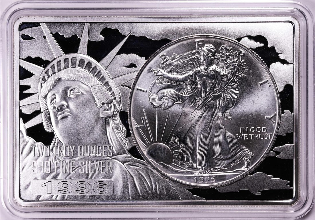 1996 $1 American Silver Eagle Coin & 2oz Silver Bar Set: One 1996 $1 American Silver Eagle Coin & 2oz Silver Bar Set.