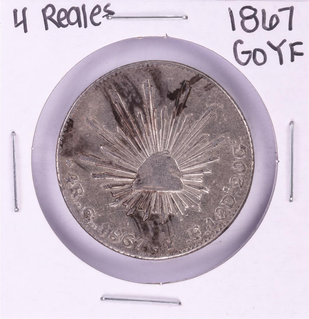 1867 GoYF Mexico 4 Reales Silver Coin: One 1867 GoYF Mexico 4 Reales Silver Coin.