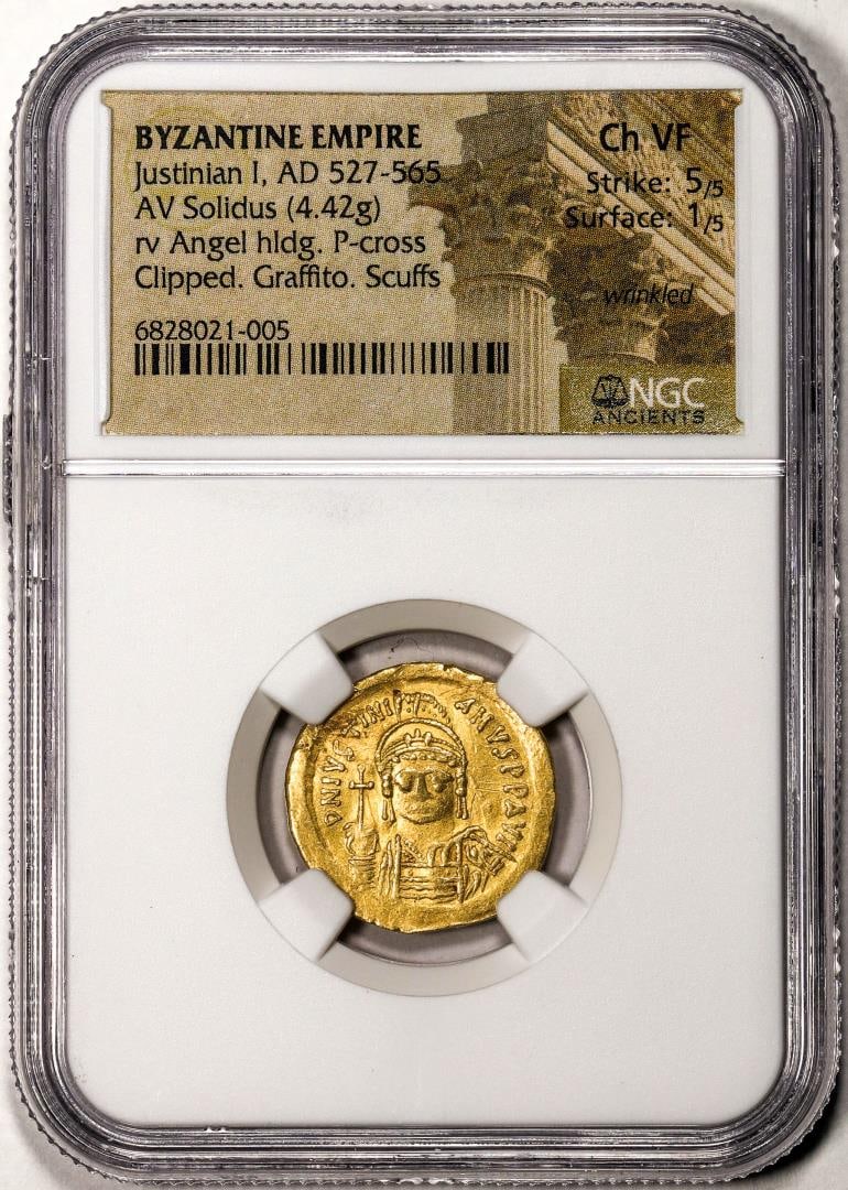 Byzantine Empire 527-565 AD Justinian I AV Solidus Ancient Gold Coin NGC Ch VF: One Byzantine Empire 527-565 AD Justinian I AV Solidus Ancient Gold Coin NGC Ch VF. NGC Certified.