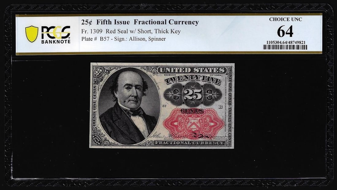 1874 Fifth Issue Twenty-Five Cents Fractional Currency Note Fr.1309 PCGS Choice Unc 64: One 1874 Fifth Issue Twenty-Five Cents Fractional Currency Note Fr.1309 PCGS Choice Unc 64. PCGS Graded.