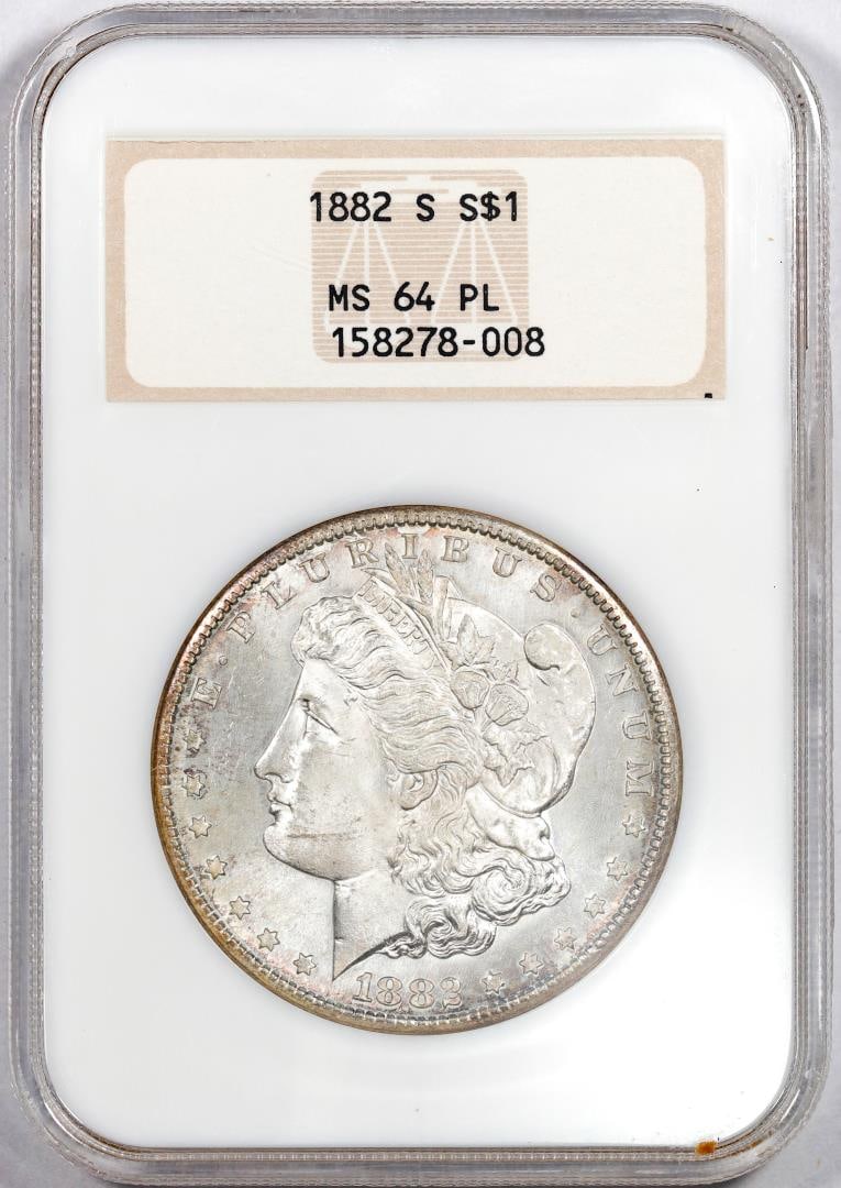 1882-S $1 Morgan Silver Dollar Coin NGC MS64PL Old Fatty Holder: One 1882-S $1 Morgan Silver Dollar Coin NGC MS64PL Old Fatty Holder. NGC Certified.