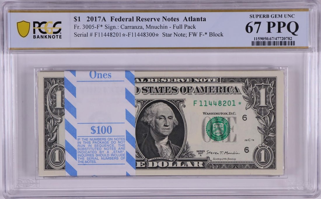 Pack 2017A $1 Federal Reserve STAR Notes Atlanta Fr.3005-F* PCGS Superb Gem UNC 67PPQ: One Pack 2017A $1 Federal Reserve STAR Notes Atlanta Fr.3005-F* PCGS Superb Gem UNC 67PPQ. PCGS Graded.