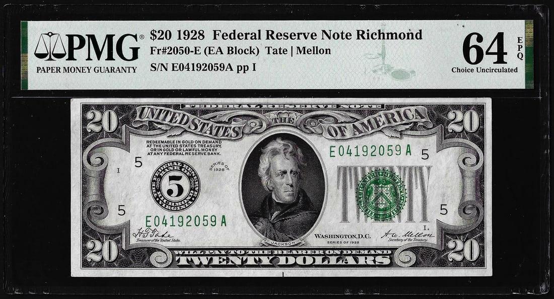 1928 $20 Federal Reserve Note Richmond Fr.2050-E PMG Choice Uncirculated 64EPQ: One 1928 $20 Federal Reserve Note Richmond Fr.2050-E PMG Choice Uncirculated 64EPQ. PMG Certified.