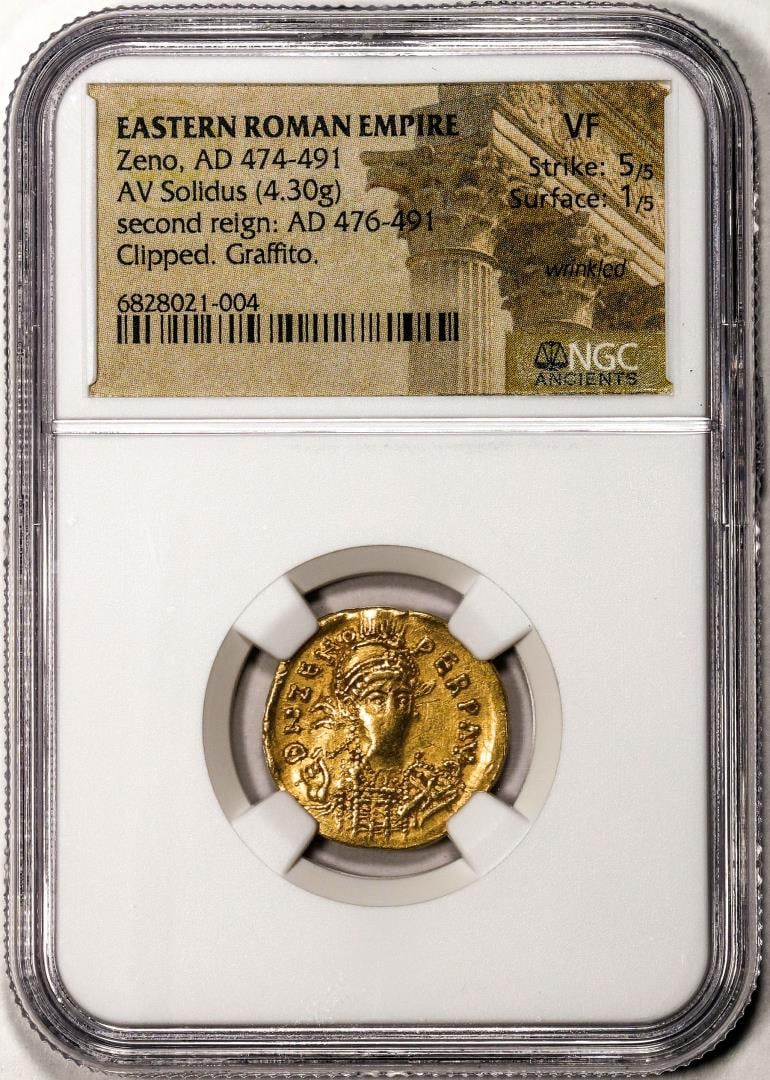 Eastern Roman Empire 474-491 AD Zeno AV Solidus Ancient Gold Coin NGC VF: One Eastern Roman Empire 474-491 AD Zeno AV Solidus Ancient Gold Coin NGC VF. NGC Certified.