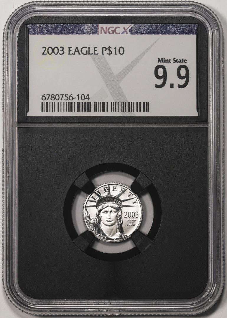 2003 $10 Platinum American Eagle Coin NGCX Mint State 9.9: One 2003 $10 Platinum American Eagle Coin NGCX Mint State 9.9. NGCX Certified.