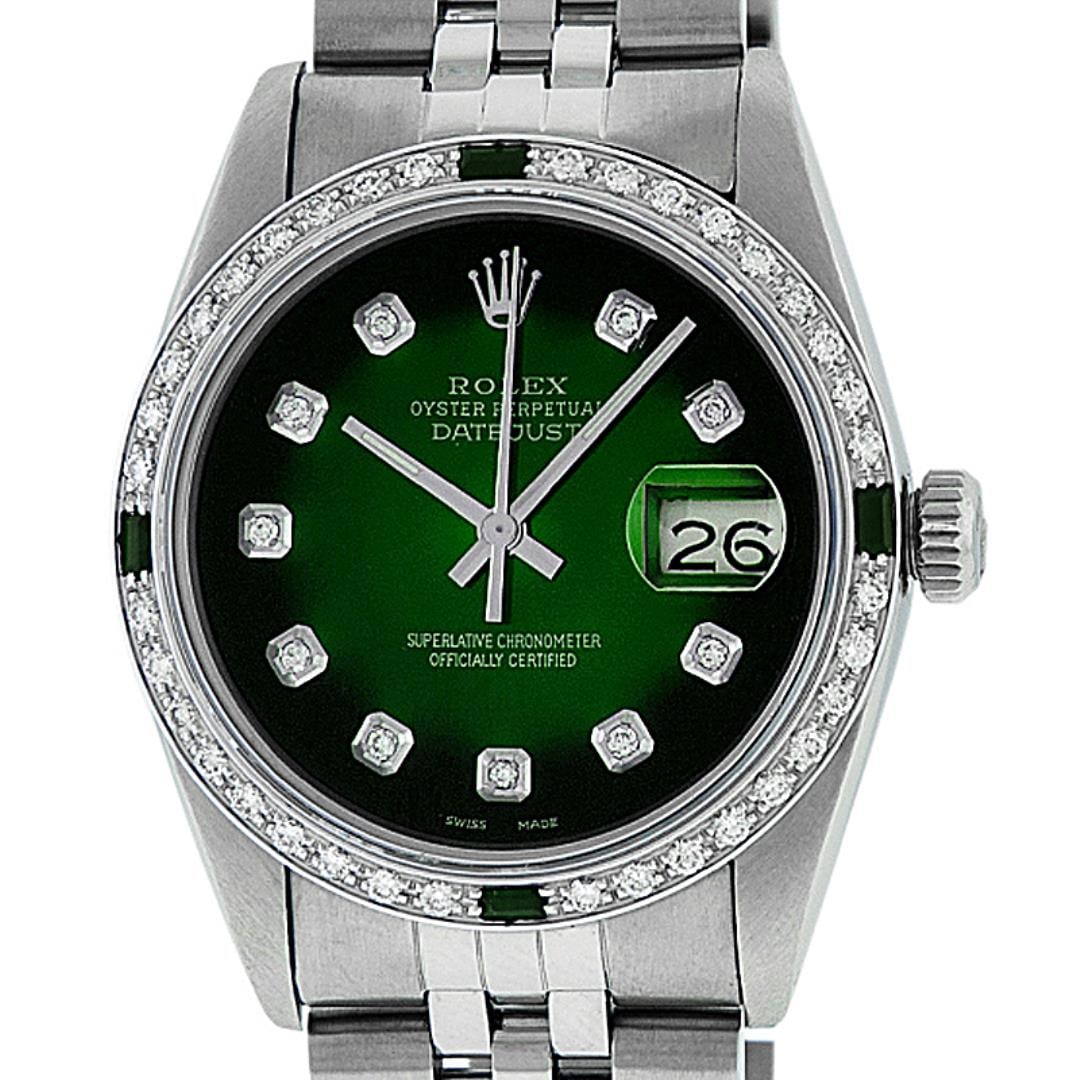 Rolex Mens Stainless Steel Green Vignette Emerald and Diamond Datejust Wristwatch: One Mens Pre Owned Rolex Datejust Polished, Serviced And Electronically Tested, Stainless Steel Case: 36mm, Stainless Steel Crown, Custom Bezel: 18K White Gold Emerald Beadset Diamond Bezel, Diamond +